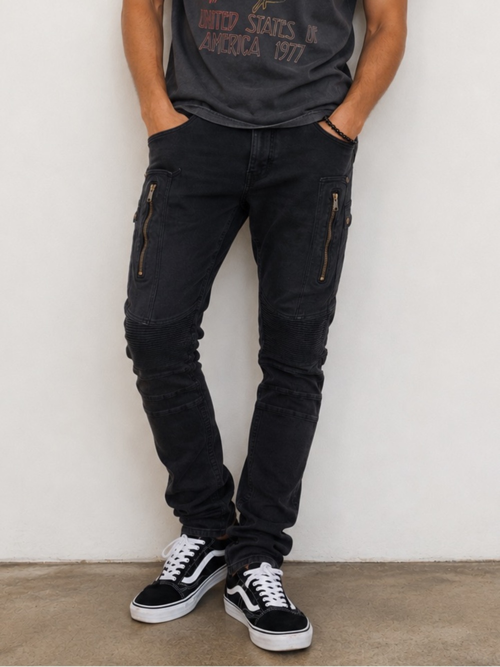 Demolition Men’s Sleek Black Moto Skinny Jean Size 38